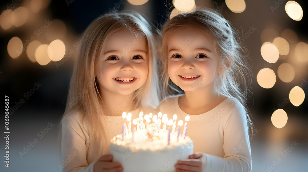 Blonde children laughing in front of a birthday cake Blonde children laughing in front of a birthday cake