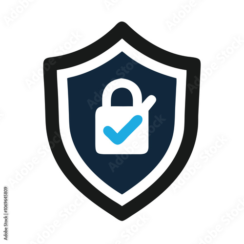 Shield Icon with Padlock and Check Mark, Dark shield icon featuring a padlock with a check mark, representing secure access, verified protection, and cybersecurity assurance.
