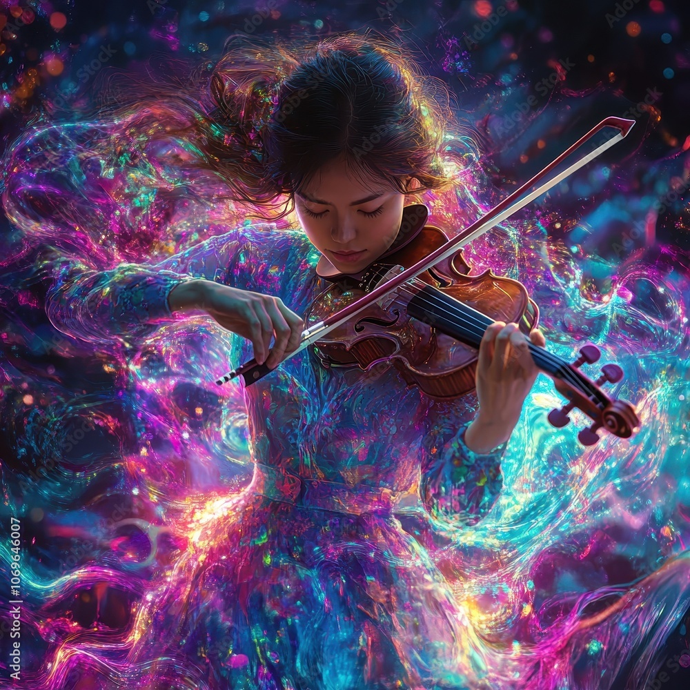 Fototapeta premium ** Enchanting Violinist Surrounded by Vibrant, Ethereal Colors Creating a Magical Musical Atmosphere..**