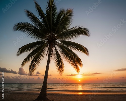 Blurred tropical beach with sunset and bokeh effect.