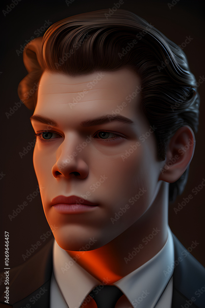 Confident Young Adult Male Model in Formal Suit Close-Up Portrait with Glossy Hair and Serious Expression under Studio Lighting Confident Young Adult Male Model in Formal Suit Close-Up Portrait with Glossy Hair and Serious Expression under Studio Lighting