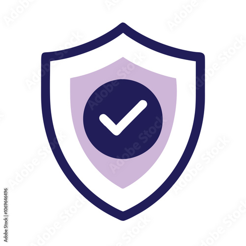 Purple Shield Icon with Check Mark Badge, Stylized purple shield icon featuring a check mark, symbolizing verified security, trust, protection, and quality assurance.
