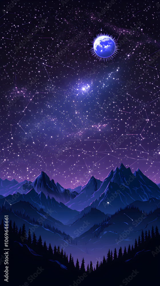 Fototapeta premium Magical Night Sky Wallpaper with Moon Stars Mountains and Galaxy in Serene Purple Landscape