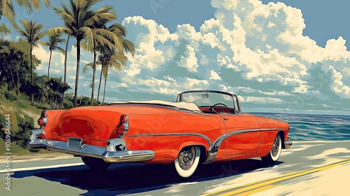 Retro clip art depicts a convertible enjoying a scenic cruising experience.