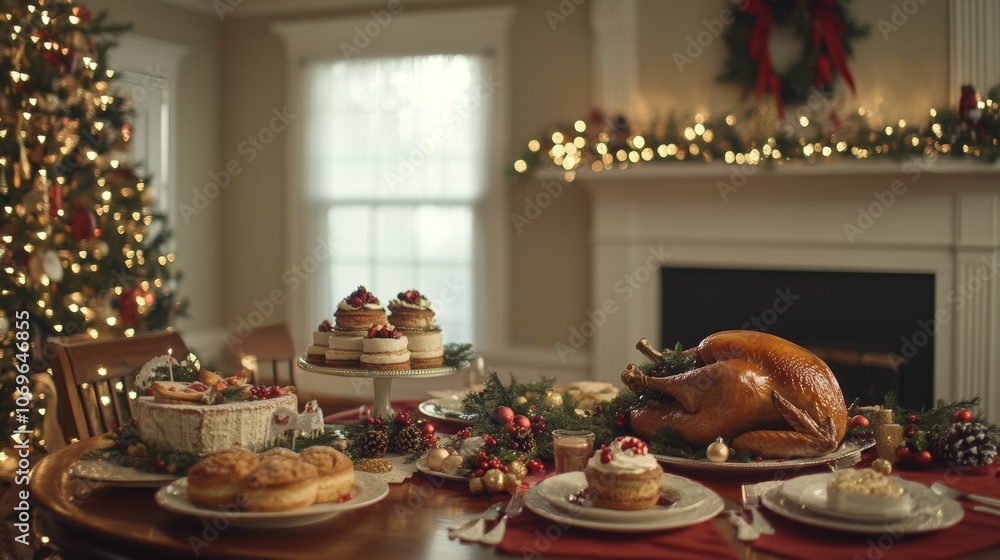 Festive Christmas Dinner Table Setting Turkey Cake and Decorations Festive Christmas Dinner Table Setting Turkey Cake and Decorations