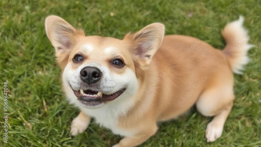 Adorable dog with a big, goofy grin sitting on grass, face, cheerful Adorable dog with a big, goofy grin sitting on grass, face, cheerful