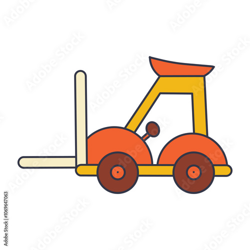 illustration of a yellow and orange forklift with black outlines, featuring prominent lifting forks and a seat, representing industrial equipment