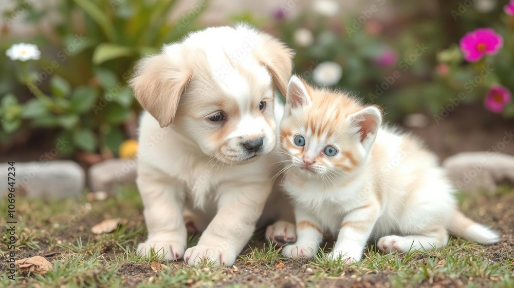 Adorable puppy and kitten playing together in a garden, playful, pets Adorable puppy and kitten playing together in a garden, playful, pets