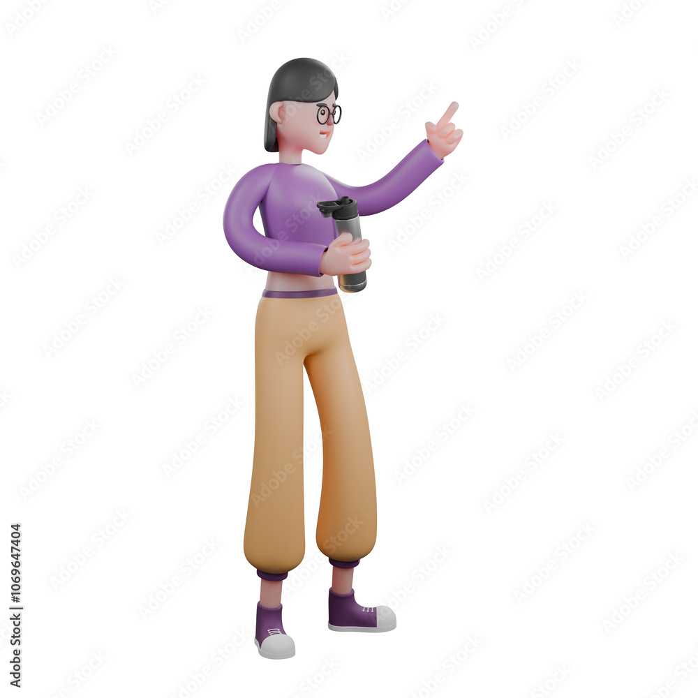 Dynamic 3D Cartoon Dancer. a female dancer is standing with her right hand carrying a tumbler while her left hand points up. Animation Ready Dynamic 3D Cartoon Dancer. a female dancer is standing with her right hand carrying a tumbler while her left hand points up. Animation Ready