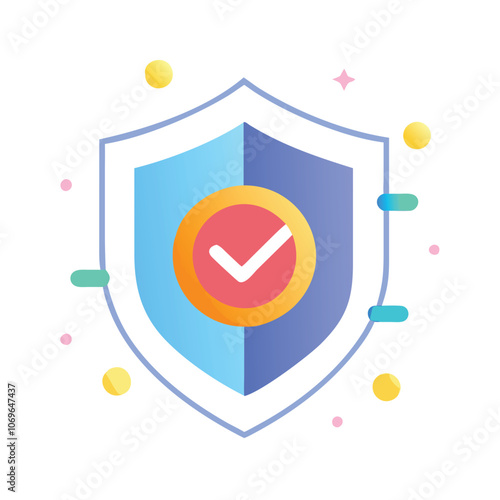 Colorful Shield Icon with Check Mark Badge, Stylized shield icon with a vibrant check mark badge, symbolizing security, trust, verified protection, and quality assurance.
