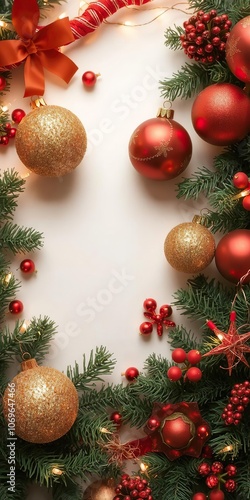 A festive Christmas background with glittering gold ornaments, red and green decorations, and twinkling string lights, Christmas, ornaments photo