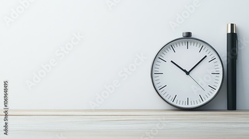 Wallpaper Mural Minimalist Clock and Pen on Wooden Surface Torontodigital.ca