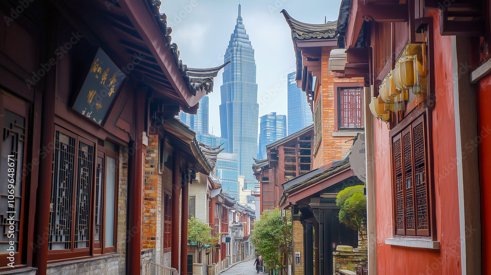 Fototapeta premium modern skyscrapers towering in the background, seen through narrow streets of old, historic buildings, a striking contrast between old and new architecture