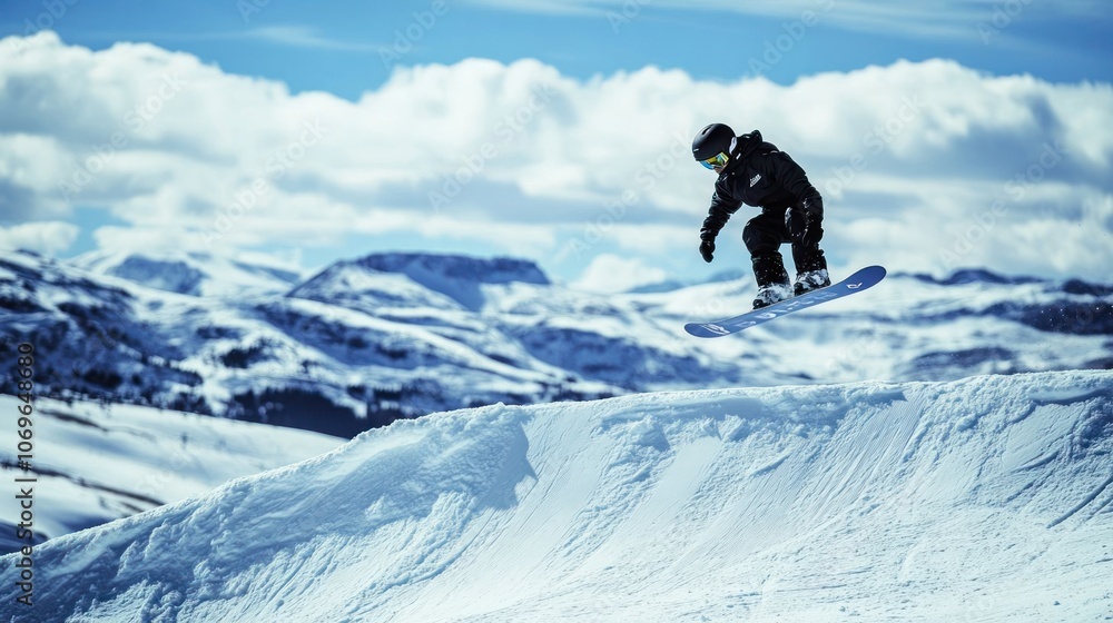 A snowboarder performing a jump over a snow-covered slope against a mountainous backdrop. A snowboarder performing a jump over a snow-covered slope against a mountainous backdrop.