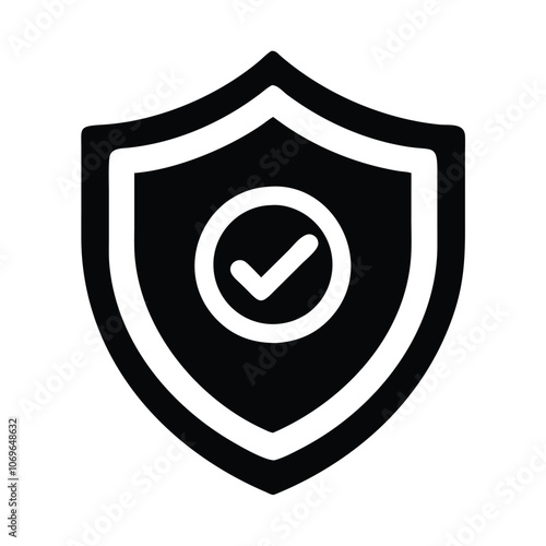 Black Shield Icon with Check Mark Symbol, Solid black shield icon featuring a check mark, representing security, protection, verified trust, and safety assurance.
