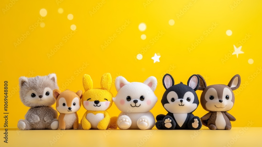 Adorable Stuffed Animal Friends on Yellow Background Adorable Stuffed Animal Friends on Yellow Background