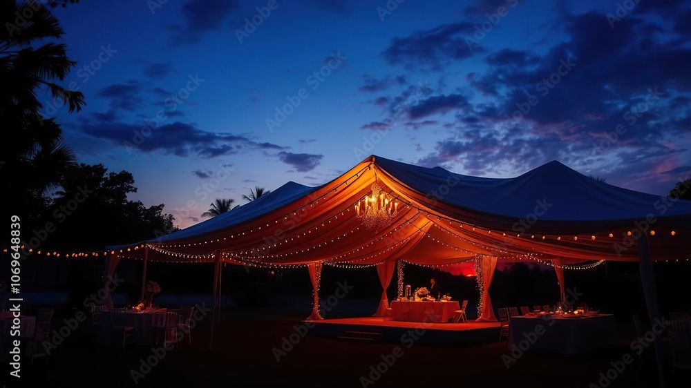 An elegant outdoor event tent illuminated by the warm glow of a sunset during a romantic wedding celebration, celebration, romantic, event An elegant outdoor event tent illuminated by the warm glow of a sunset during a romantic wedding celebration, celebration, romantic, event