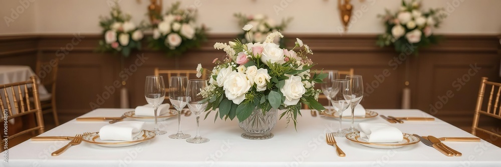 Obraz premium An elegant wedding table setting with floral centerpieces, fine china, and gold cutlery, gold, romantic