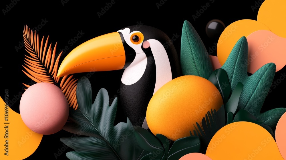 Naklejka premium Tropical Toucan Bird 3D Render Abstract Art Orange Green Leaves Background