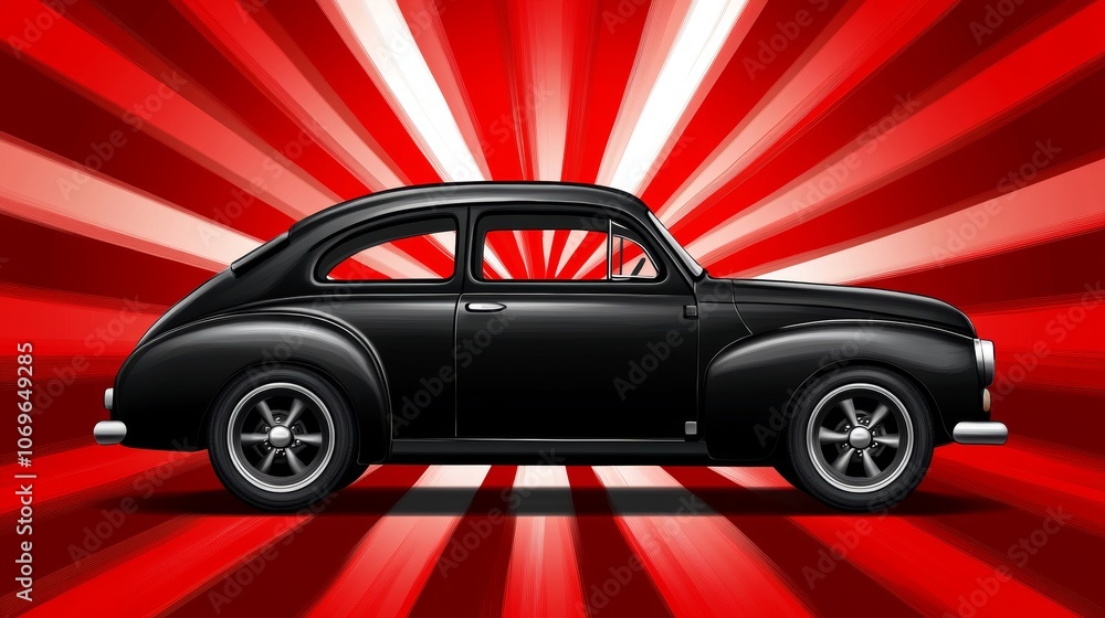 Naklejka premium Classic Black Car Retro Automobile Red Rays Background Vintage Speed Shiny Paint Cool Ride Hot Rod