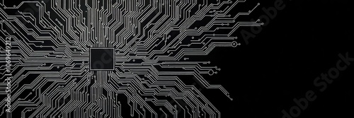 An intricate network of interconnected circuitry patterns resembling a computer motherboard against a dark background, business, computer