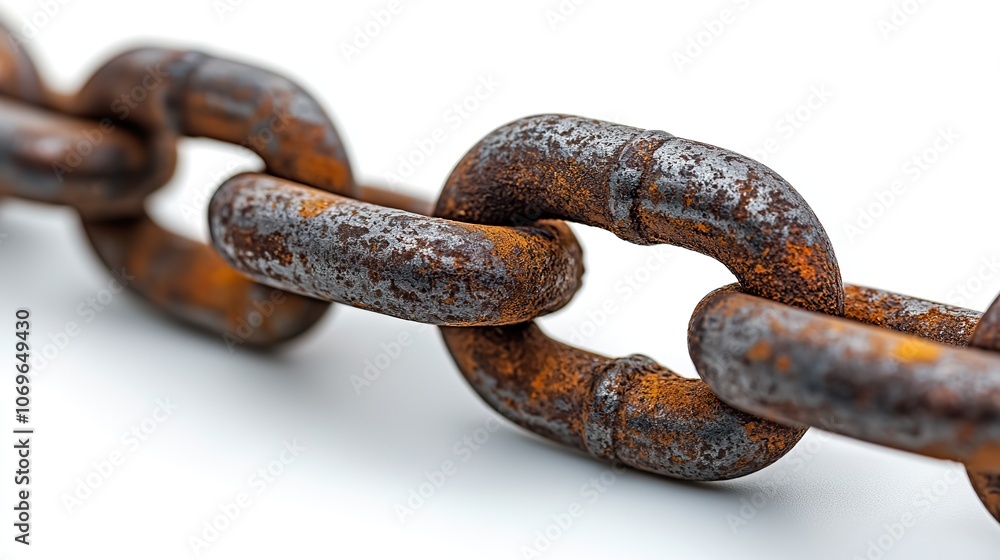 Fototapeta premium Single metal chain isolated against a white background, symbolizing strength or connection.
