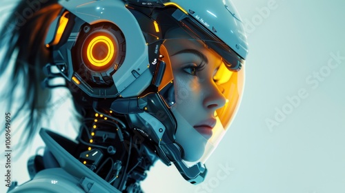 Female cyborg robot with cyberpunk helmet technology, AI generated image photo