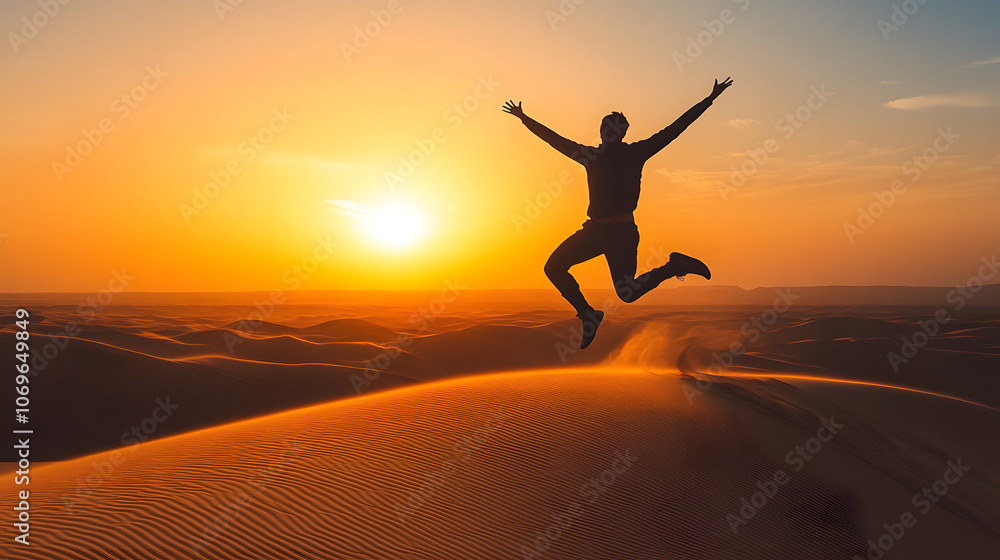 Silhouette of a joyful person leaping in a vast desert at sunset, symbolizing freedom, adventure, and the exhilaration of exploring nature's beauty in a serene, golden landscape Silhouette of a joyful person leaping in a vast desert at sunset, symbolizing freedom, adventure, and the exhilaration of exploring nature's beauty in a serene, golden landscape