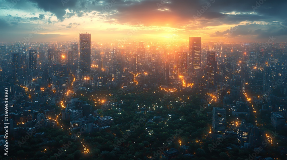 Fototapeta premium Smart city visualization with interconnected buildings, showcasing the concept of digital urban transformation.