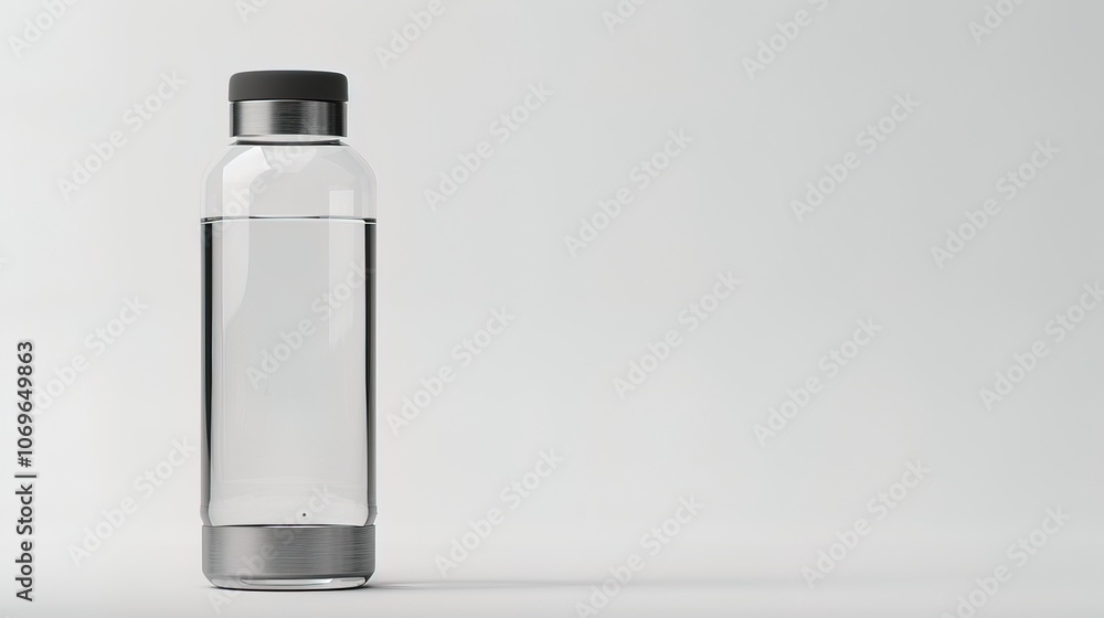 Clean modern water bottle with safety cap and half-filled with clear water on white background, symbolizing hydration and drinking safety, ample copy space for text overlay. Clean modern water bottle with safety cap and half-filled with clear water on white background, symbolizing hydration and drinking safety, ample copy space for text overlay.