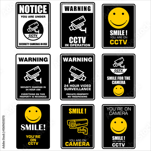 Notice, you area under security cameras in use, sign vector