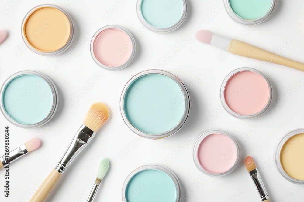 A flat lay of paint pots in various pastel colors with paint brushes on a white background. A flat lay of paint pots in various pastel colors with paint brushes on a white background.