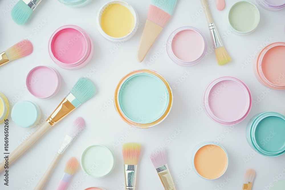 Flat lay of pastel paint pots and brushes on a white background. Flat lay of pastel paint pots and brushes on a white background.