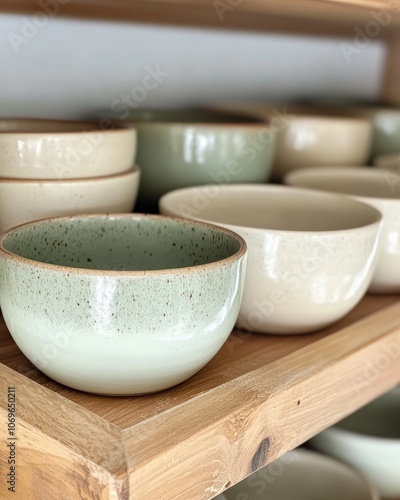 Hand-Thrown Ceramic Bowls on Open Shelf with Wooden Accents