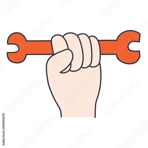 Cartoon illustration of a clenched fist holding a red wrench horizontally, symbolizing strength and labor