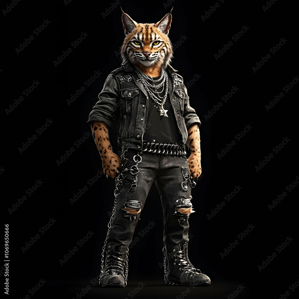 A cool, confident bobcat in a black leather jacket and ripped jeans, with a silver chain necklace, stands against a black background. A cool, confident bobcat in a black leather jacket and ripped jeans, with a silver chain necklace, stands against a black background.