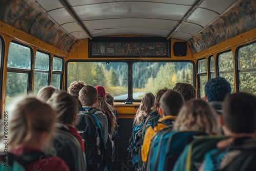 A group of people are riding in a yellow school bus, looking out the windows at a scenic landscape of trees and mountains.