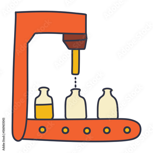 illustration of a factory bottling process with an orange machine dispensing a yellow substance into bottles on a conveyor belt, representing industrial automation and mass production.