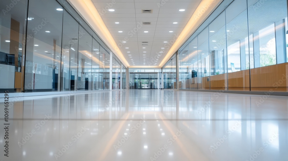 Modern Office Hallway with Glass Walls and Polished Floor Modern Office Hallway with Glass Walls and Polished Floor