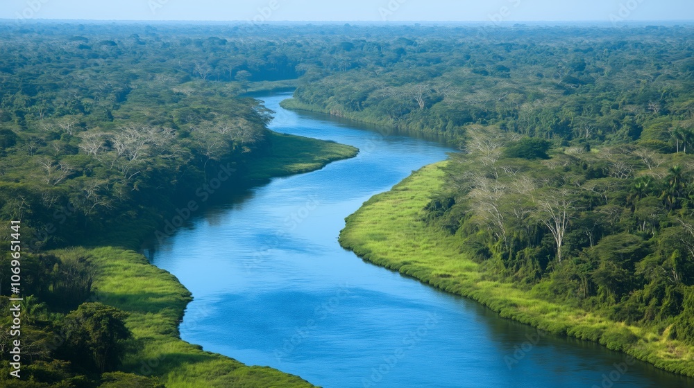 Aerial view of a serpentine river flowing amidst lush greenery, surrounded by dense forest. AI generated Aerial view of a serpentine river flowing amidst lush greenery, surrounded by dense forest. AI generated