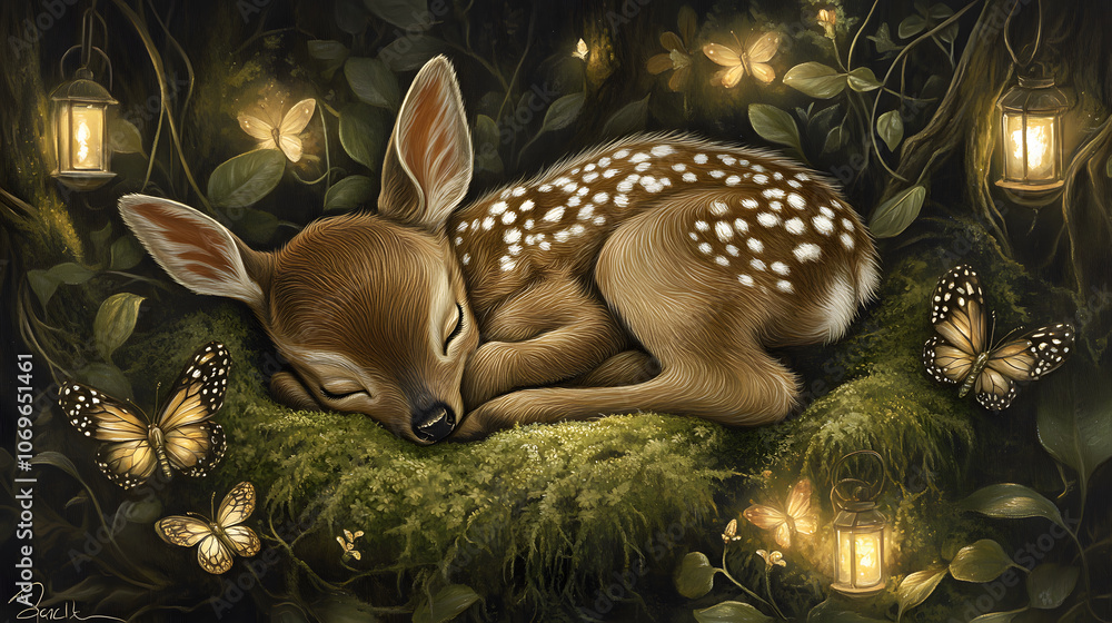 A serene scene features a sleeping fawn surrounded by butterflies and glowing lanterns in a lush, green environment. A serene scene features a sleeping fawn surrounded by butterflies and glowing lanterns in a lush, green environment.