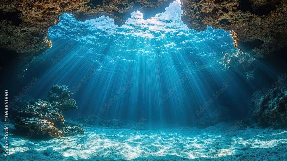 Fototapeta premium Sunlight filters through an underwater cave, illuminating the magic of a scuba dive in a clear, deep sea environment.