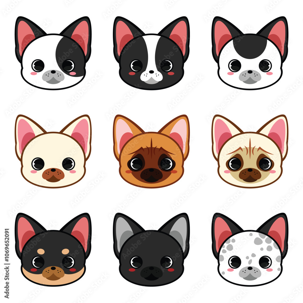 Fototapeta premium Pack of 9 French Bull Dogs vector