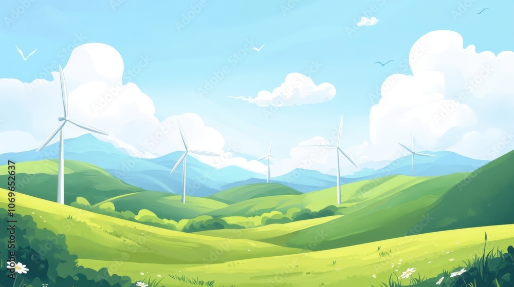 Green meadow with wind turbines and blue sky. Vector illustration. Green meadow with wind turbines and blue sky. Vector illustration.