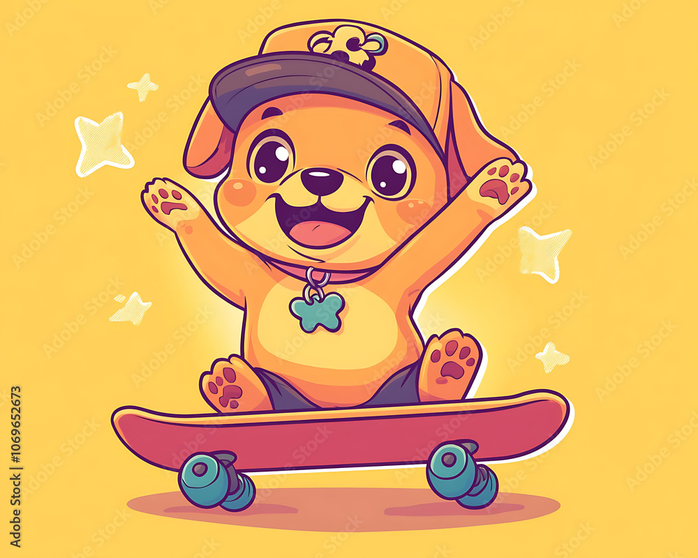 Fototapeta premium Playful Cartoon Dog Skateboarding with Joy