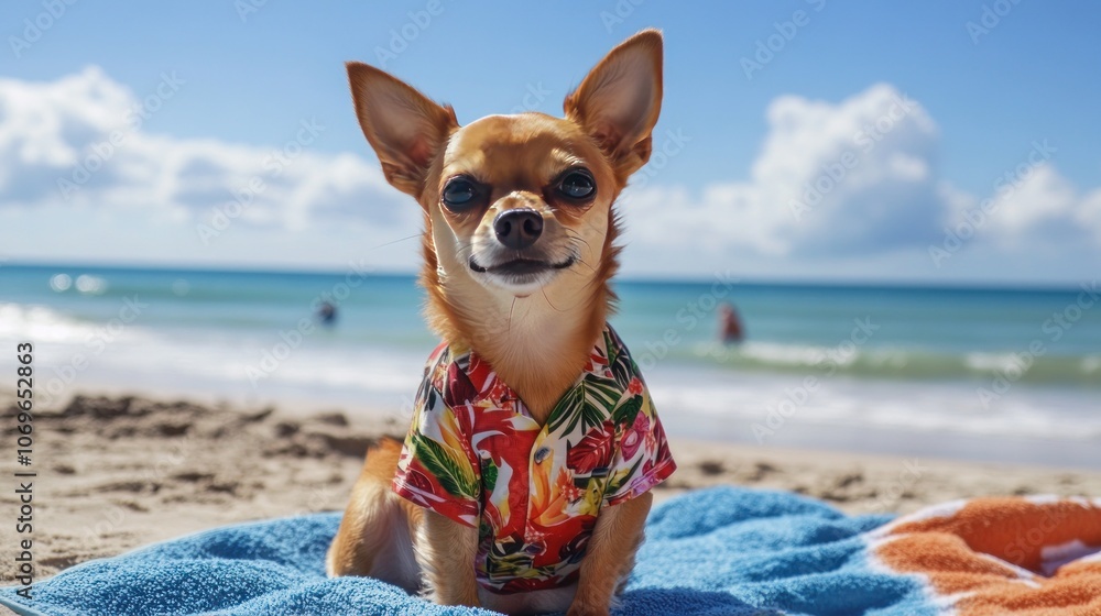 A small dog in a Hawaiian shirt, sitting on a beach towel at a sunny beach, with the ocean in the background, capturing the spirit of summer fun A small dog in a Hawaiian shirt, sitting on a beach towel at a sunny beach, with the ocean in the background, capturing the spirit of summer fun