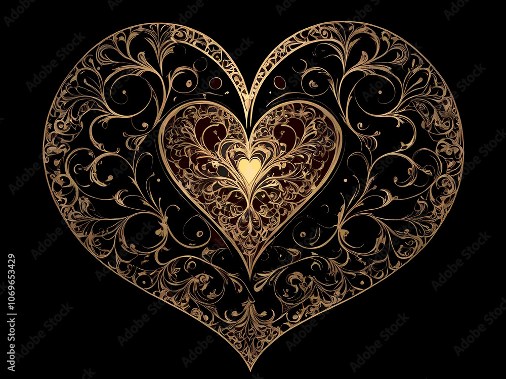 Abstract illustration of glow Ornament heart shape for your design,Valentine dark background with heart Abstract illustration of glow Ornament heart shape for your design,Valentine dark background with heart