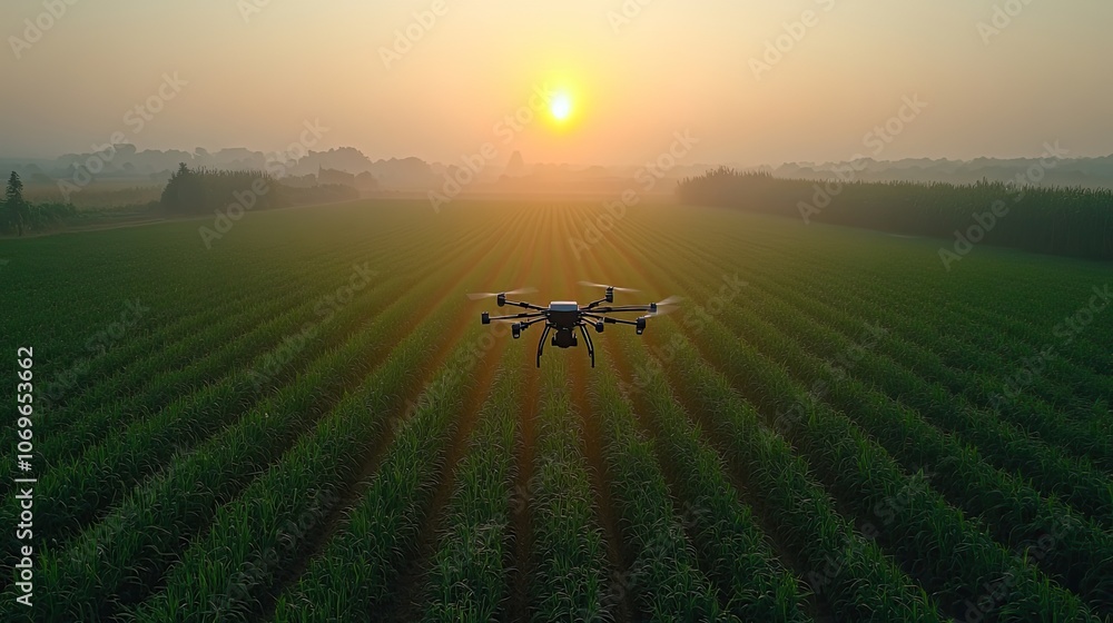 The concept of smart farming and 5G technology comes to life as a farmer utilizes an AI drone to monitor and analyze the field's agricultural landscape. The concept of smart farming and 5G technology comes to life as a farmer utilizes an AI drone to monitor and analyze the field's agricultural landscape.