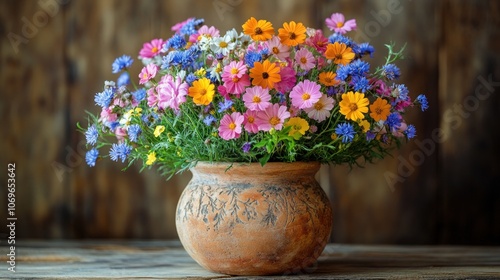 Colorful Wildflowers in a Rustic Clay Pot