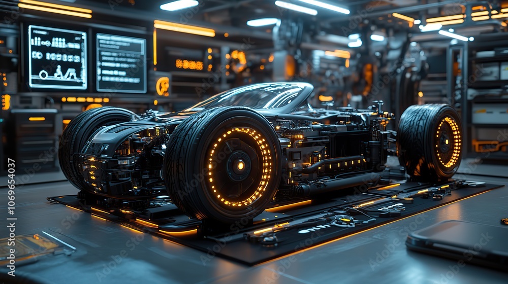 Fototapeta premium The electric vehicle industry is showcased through a futuristic user interface, combining advanced technology with repair services in a digitally enhanced garage environment.